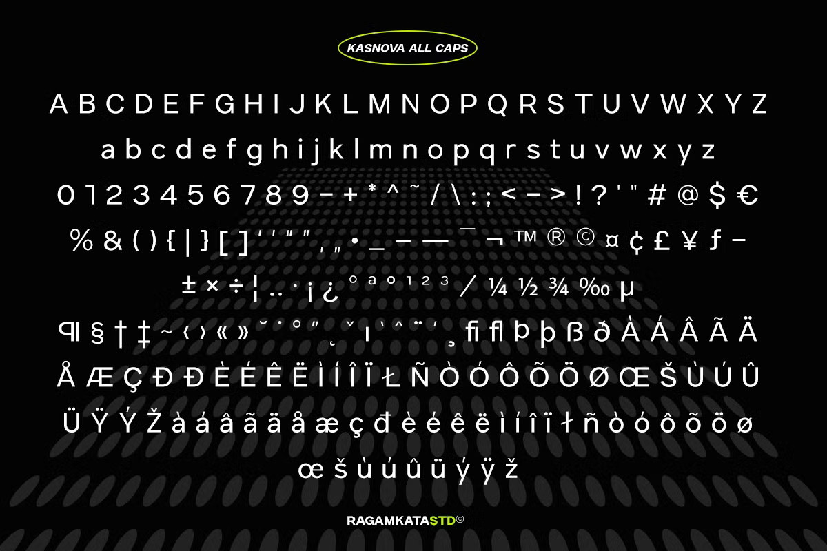 Kasnova All Caps font specimen showing full character set with letters, numbers, symbols on black