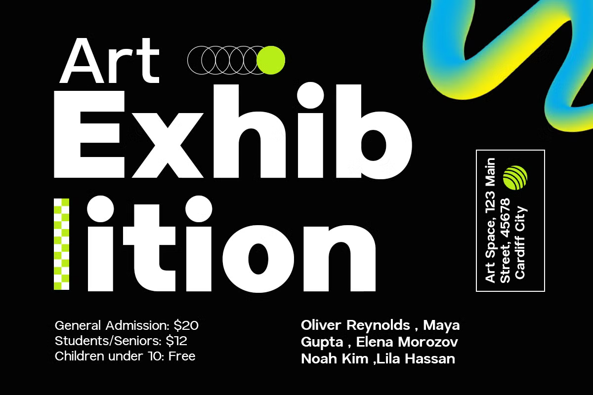 Art exhibition poster with bold typography, neon gradient shapes, pricing info, artist names
