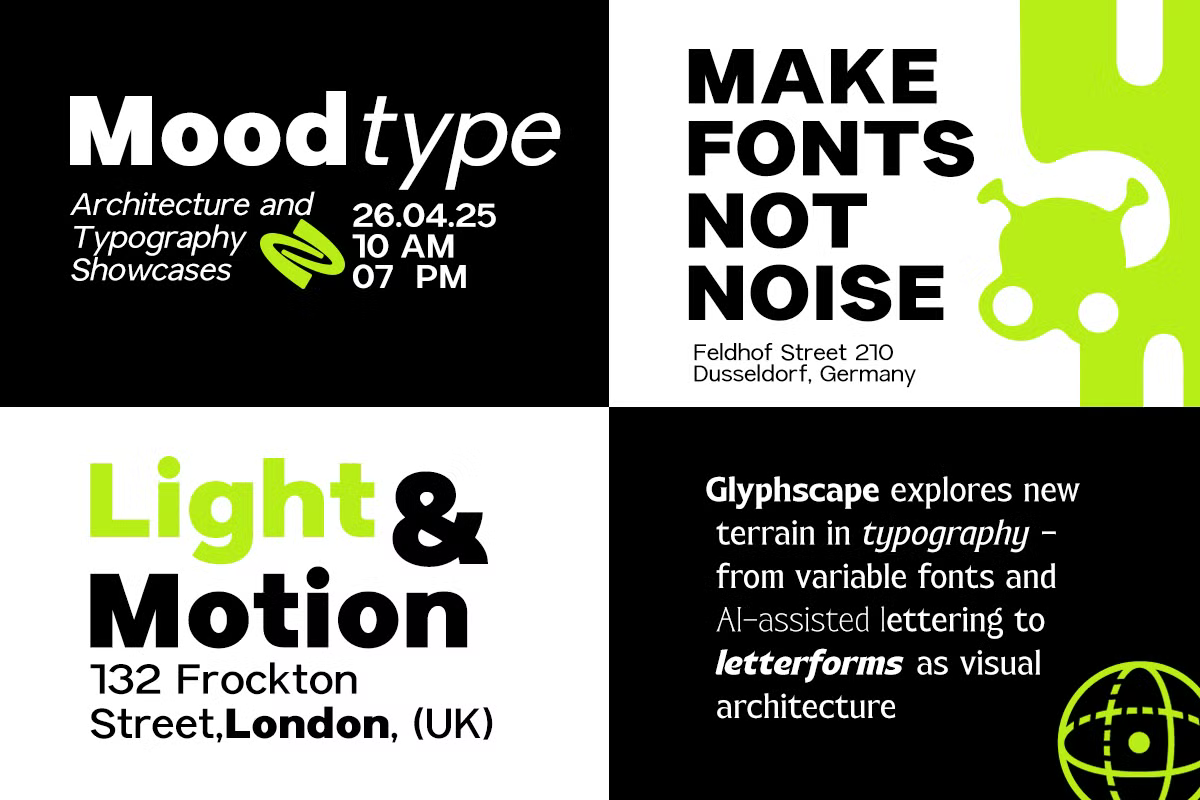 Split screen poster grid with bold typography layouts in lime green, black, white. Event details, location addresses, design manifestos.