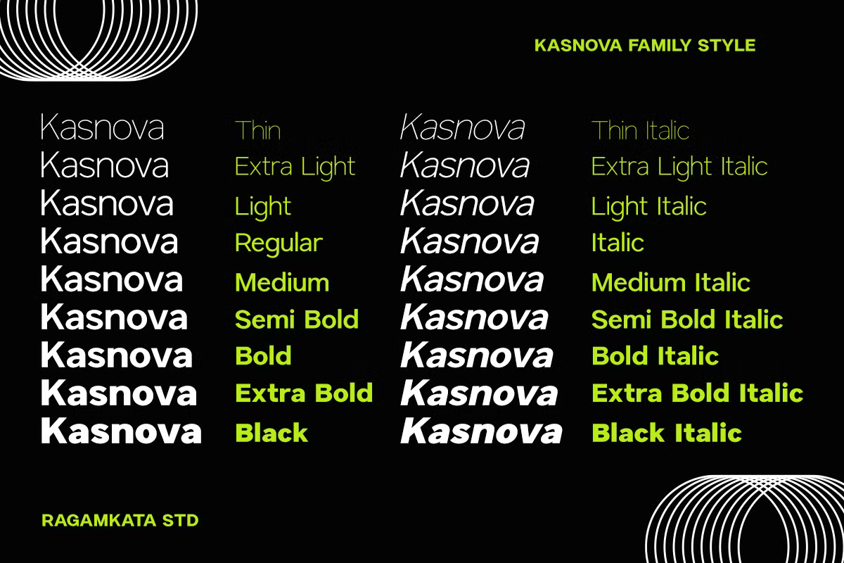 Kasnova typeface family showing 18 weights from thin to black with italics on black background