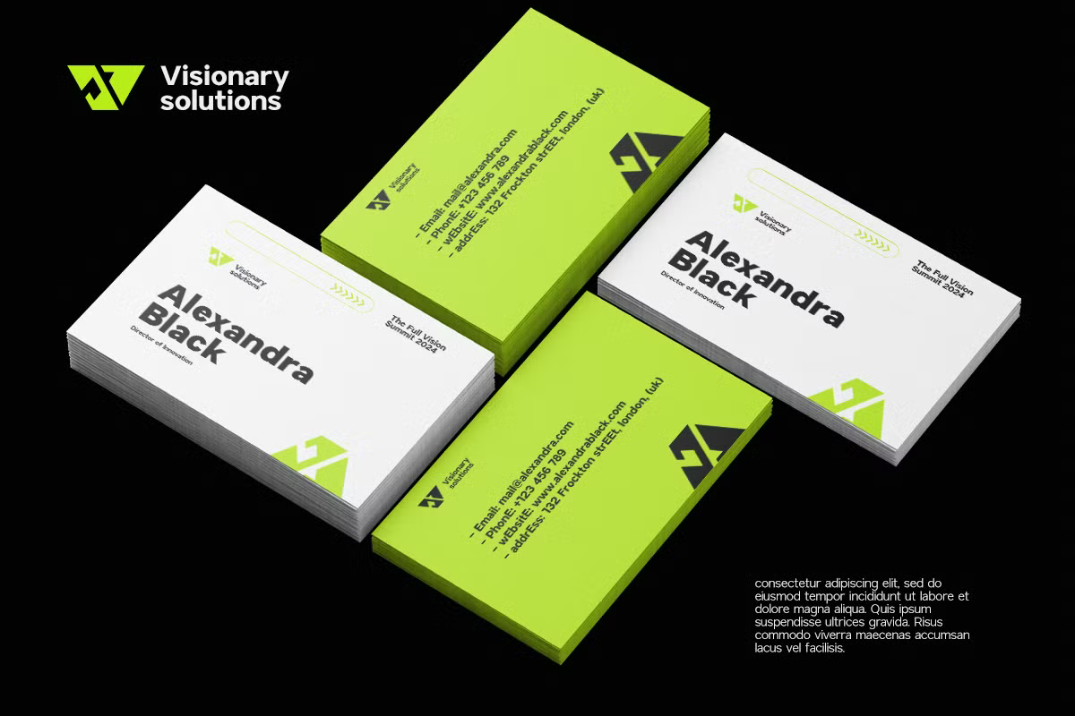 Business card mockup with neon yellow, white, black branding for tech startup