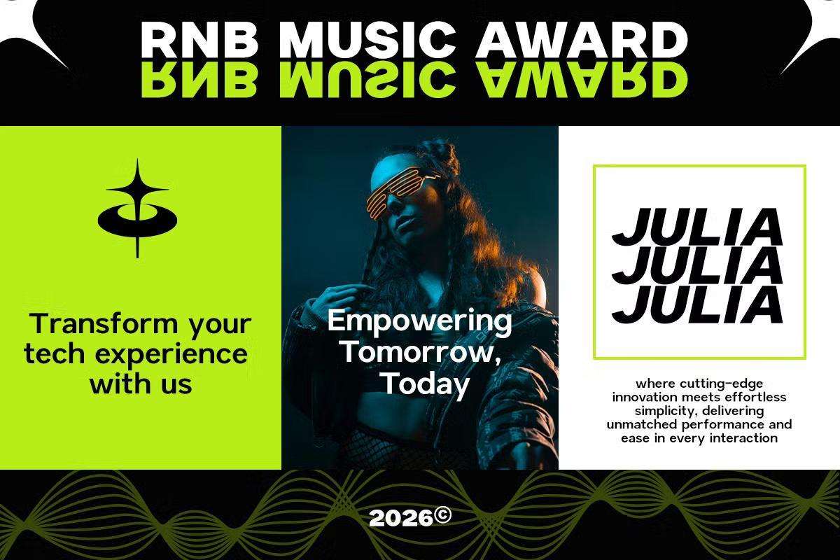 Neon green, white, teal RNB music award promo with tech taglines, musician in shades