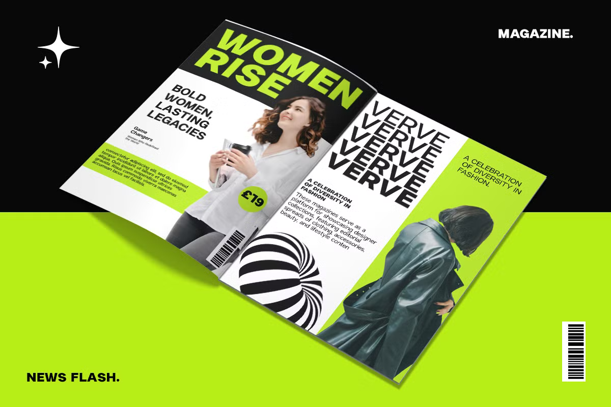 Neon lime magazine mockup with bold typography, fashion photography, striped graphics on bright background
