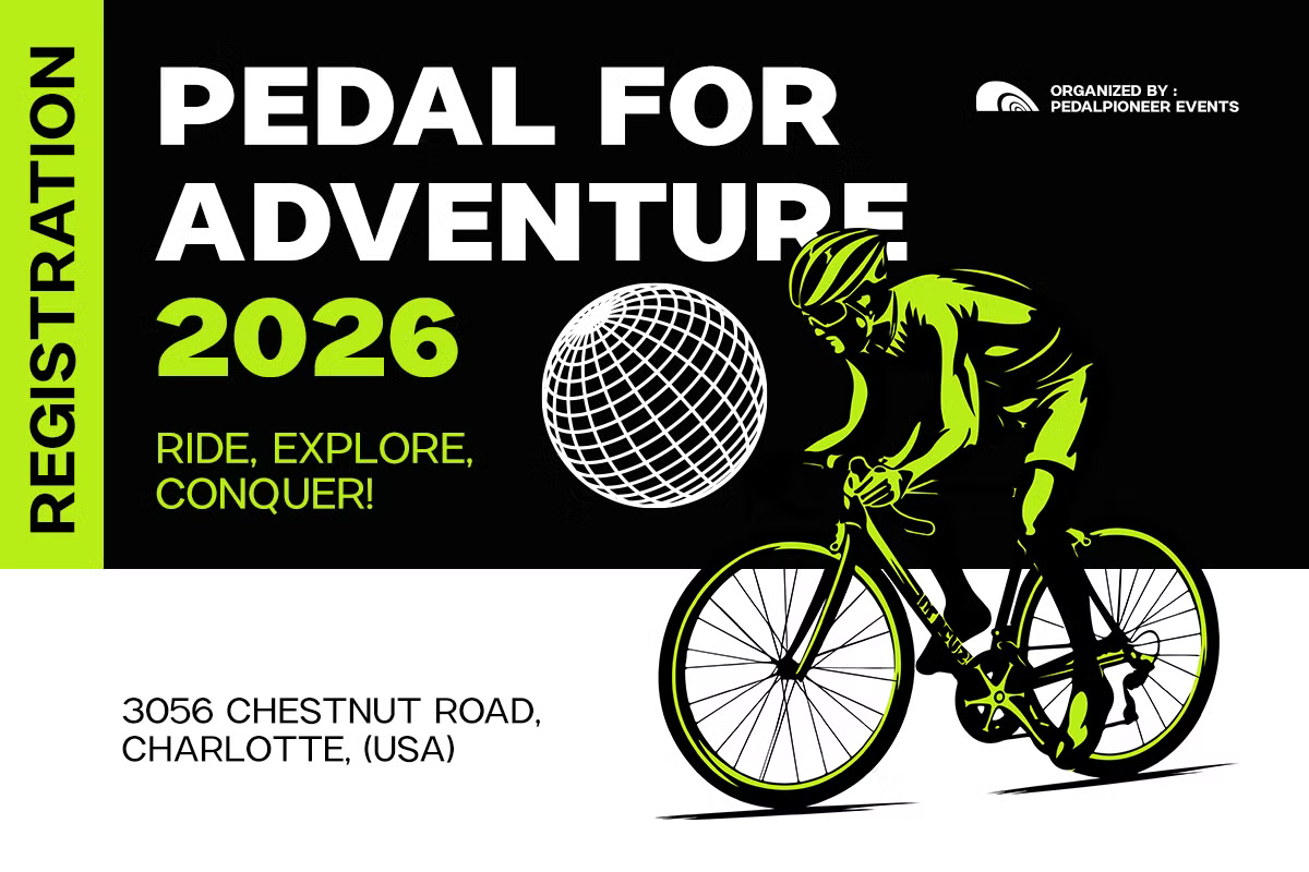 Neon bike event poster with cyclist, globe, "Pedal for Adventure 2026" text