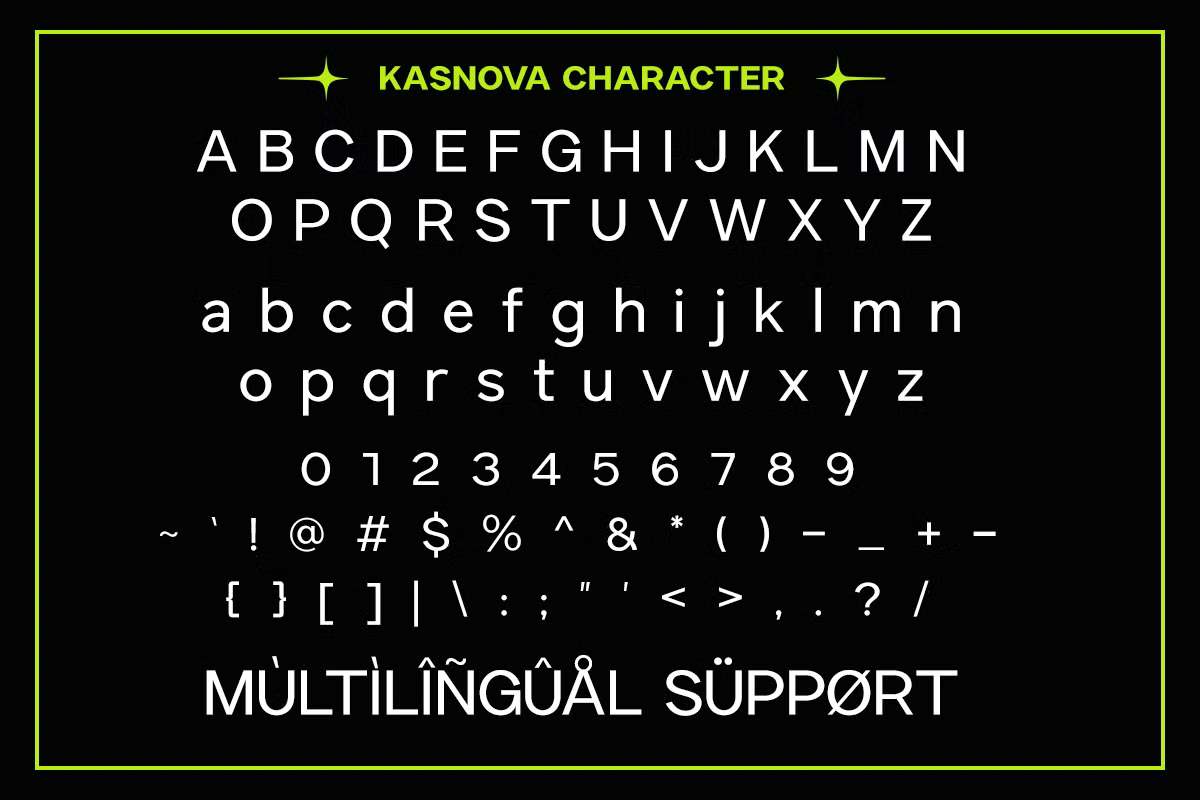 Kasnova Character font specimen showing full uppercase, lowercase, numbers, symbols with multilingual support on black background