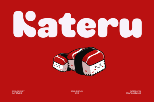 Playful sushi characters next to bold rounded typeface on bright red background
