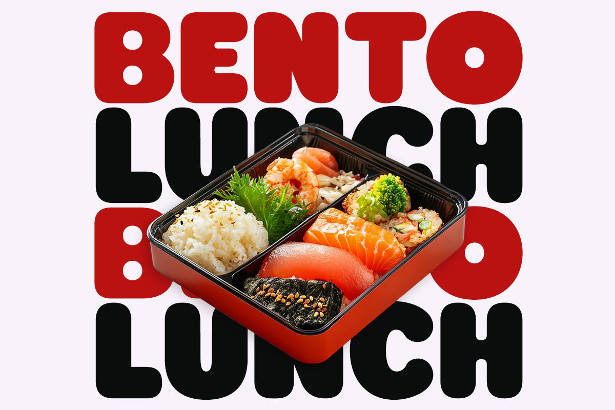 Bento lunch box mockup with sushi, rice, salmon over bold red black typography