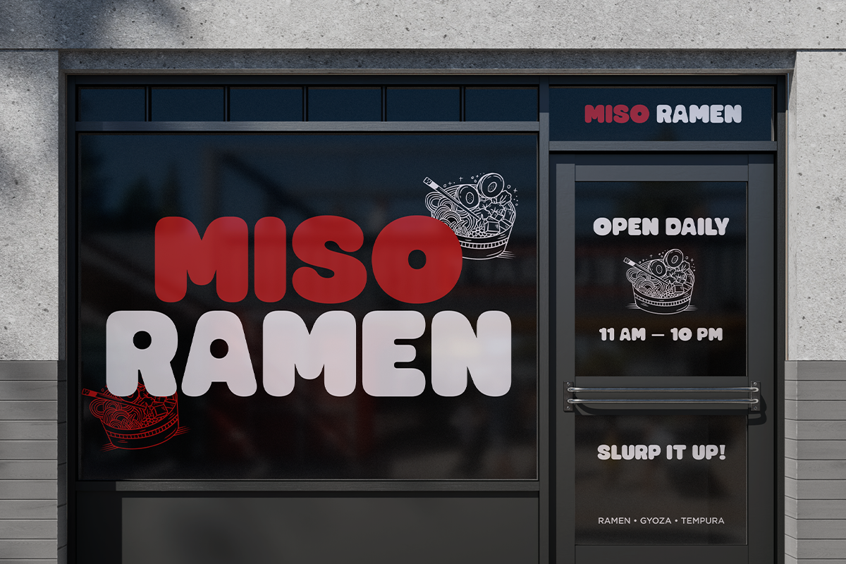 Storefront mockup for Miso Ramen shop with bold red lettering, noodle illustrations, hours, menu items on dark window display