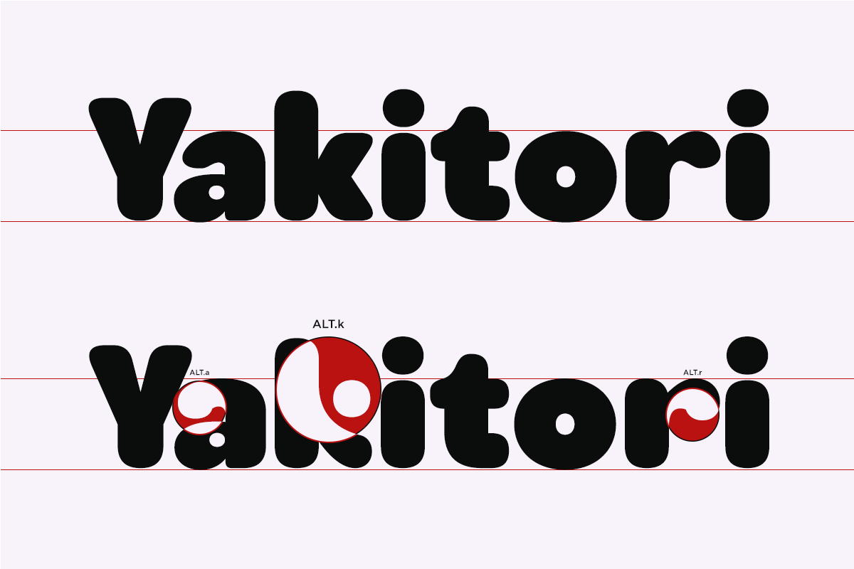Yakitori font with red geometric cutouts showing letter spacing options