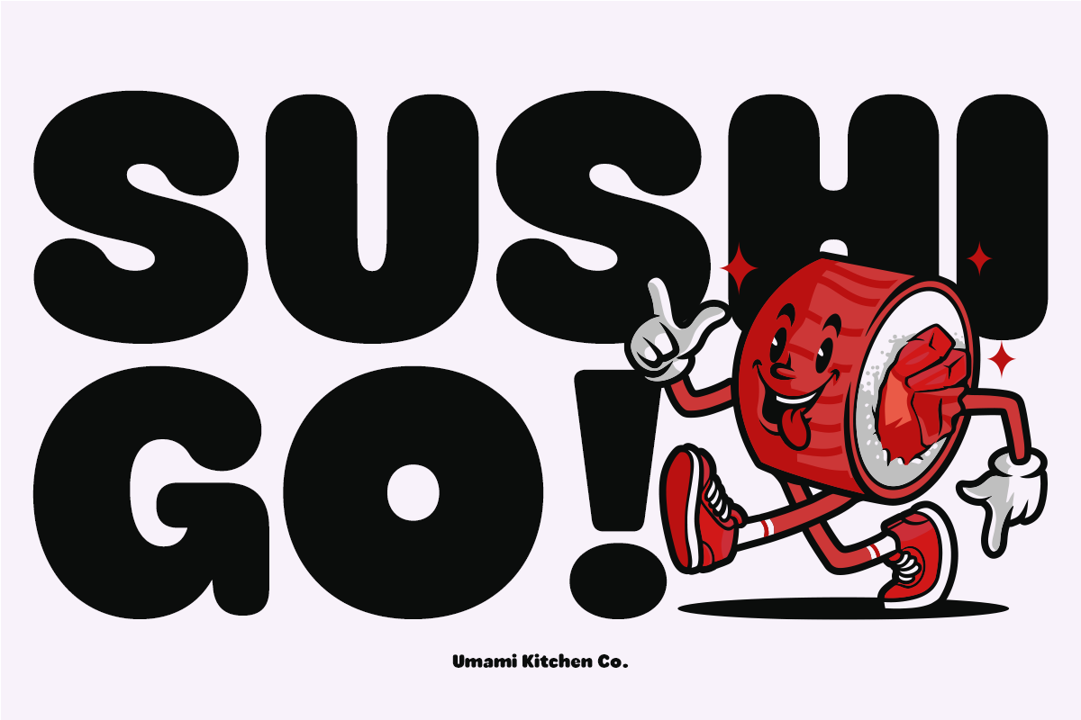Retro cartoon sauce bottle character doing peace sign next to bold black "SUSHI GO" text