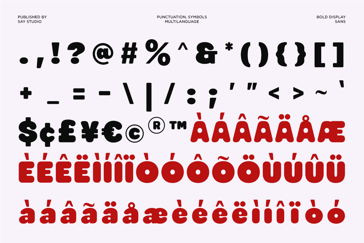 Bold Display Sans font with multilingual punctuation, symbols, currency signs, diacritics