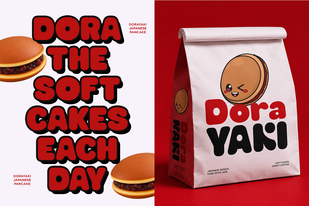 Dorayaki branding mockup with playful packaging design on red background