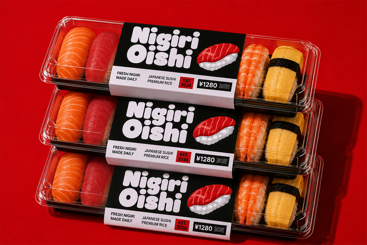Stacked sushi takeout boxes with salmon, tuna, tamago nigiri on bright red background mockup