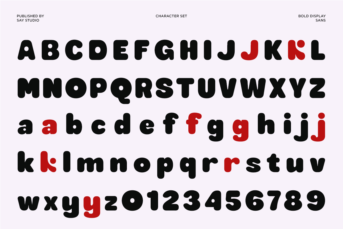 Bold Display Sans font with full character set, uppercase, lowercase, numbers in black with red accents