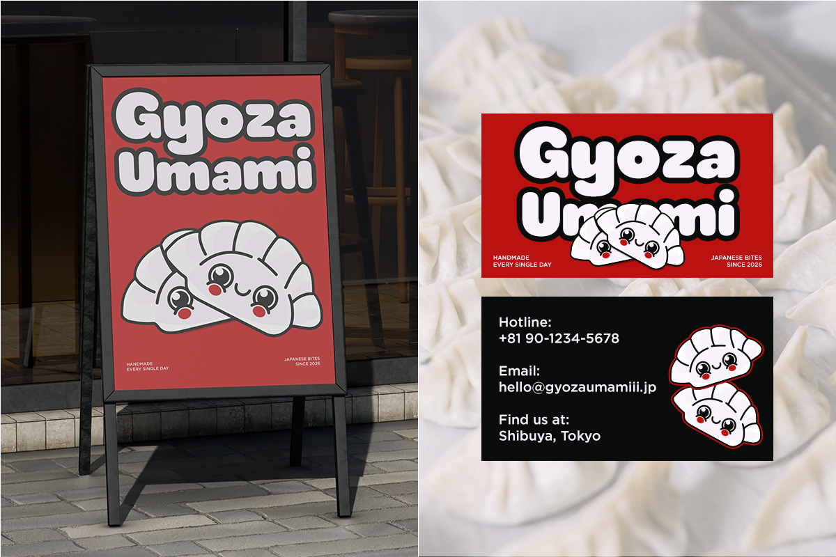 Gyoza Umami street sign mockup with cute dumpling character on red background