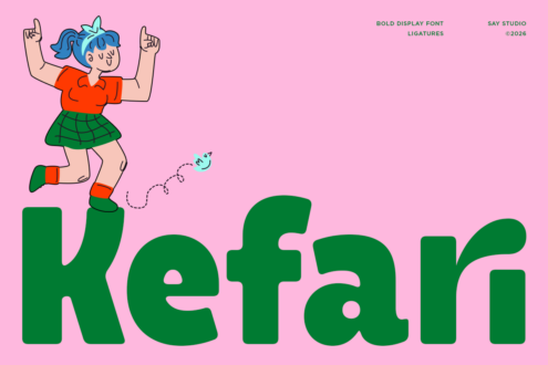 Chunky green display typeface with playful cartoon character jumping above on pink background