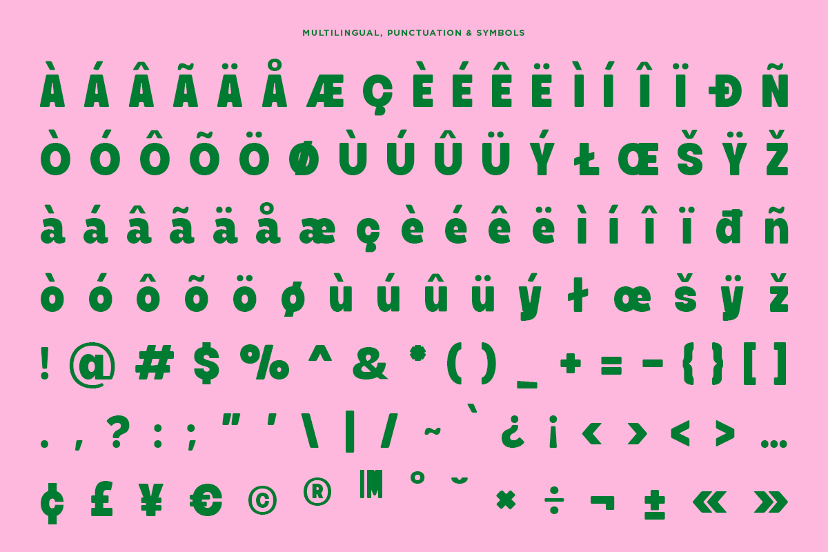 Green multilingual character set with accents, symbols, punctuation on bright pink background