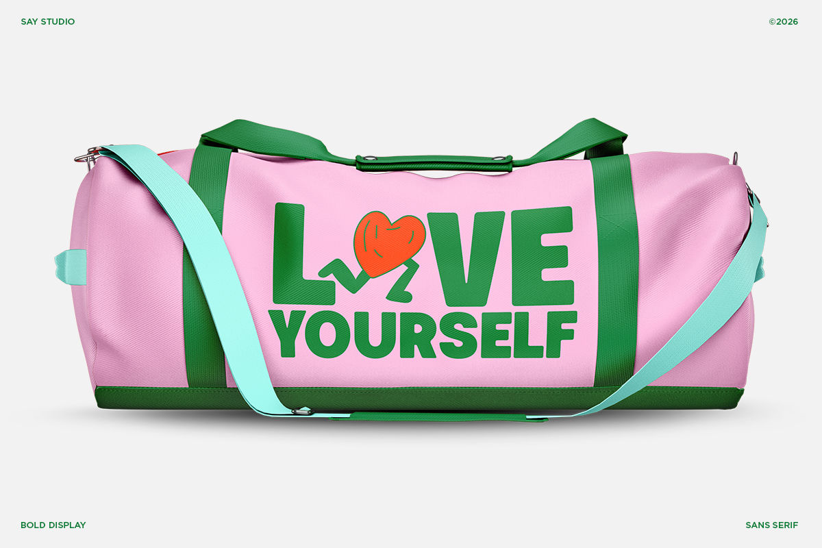 Pink duffel bag mockup with "Love Yourself" text in green letters with red heart