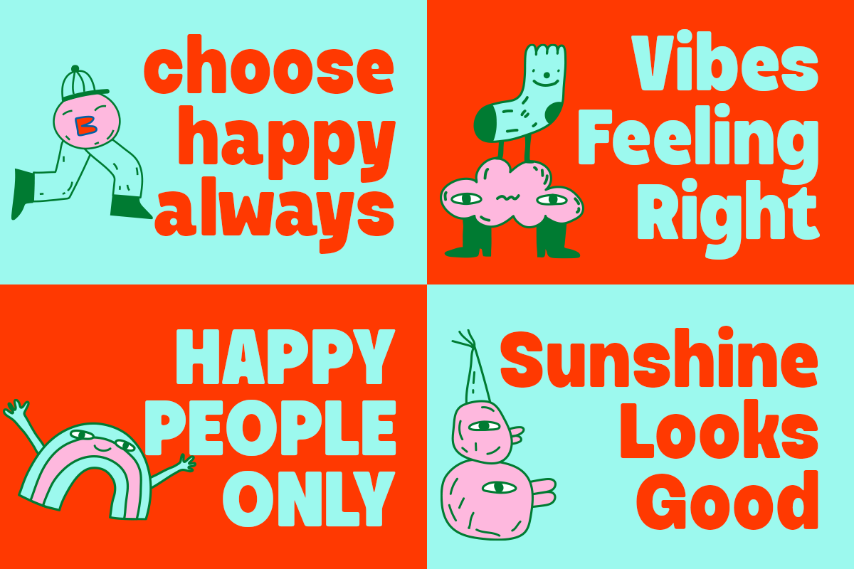 Bright retro poster with motivational quotes, playful characters, red orange turquoise color blocking