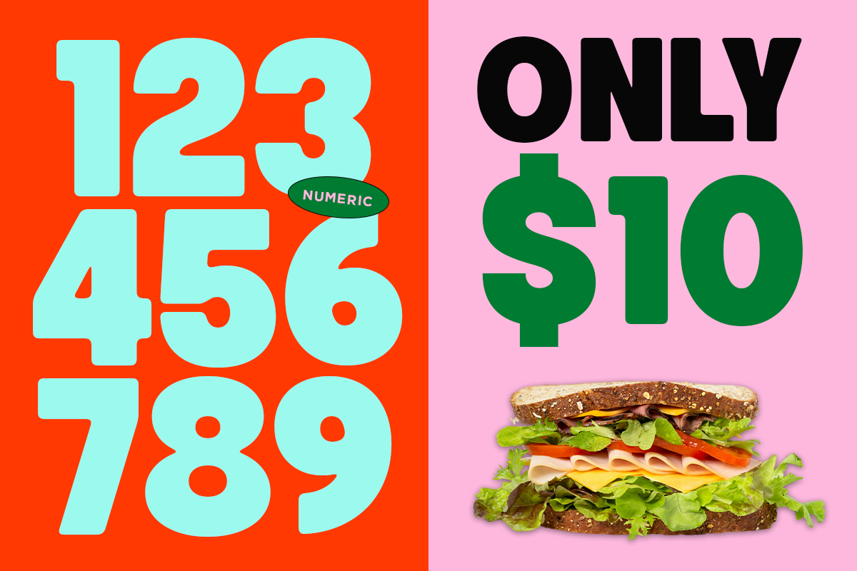 Split screen mockup showing bright numbers on red left side with pink right displaying "Only $10" offer text plus sandwich photo