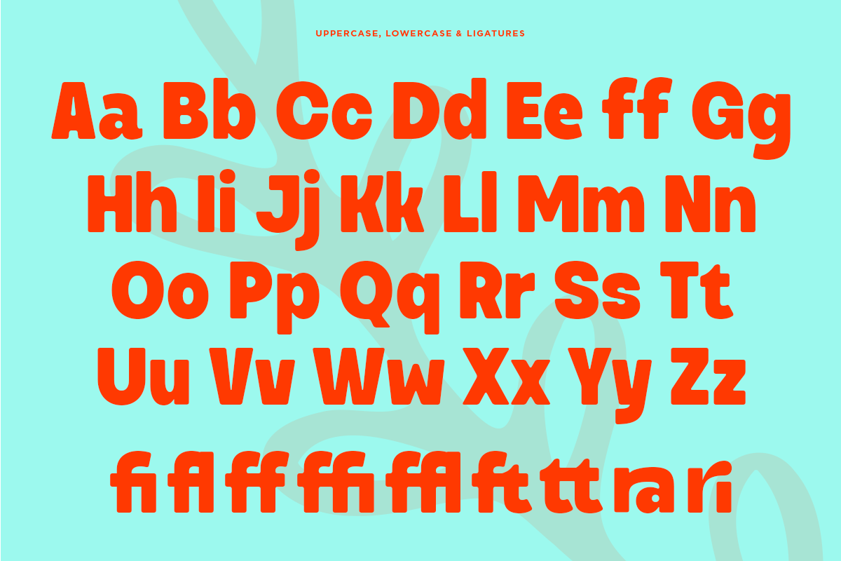 Bright red sans serif font showing full alphabet with uppercase, lowercase, ligatures on mint background