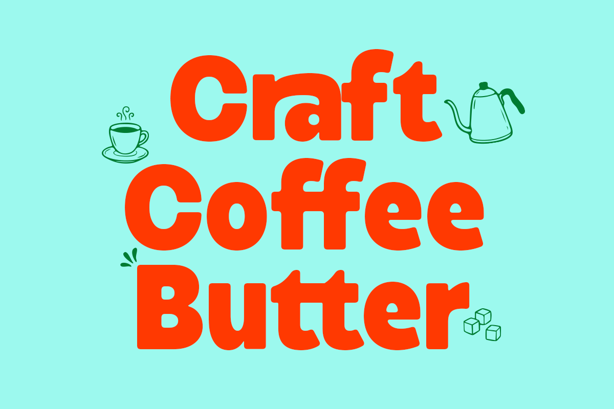 Bright mint background with bold red text reading "Craft Coffee Butter" surrounded by line-drawn coffee cup, kettle, sugar cubes