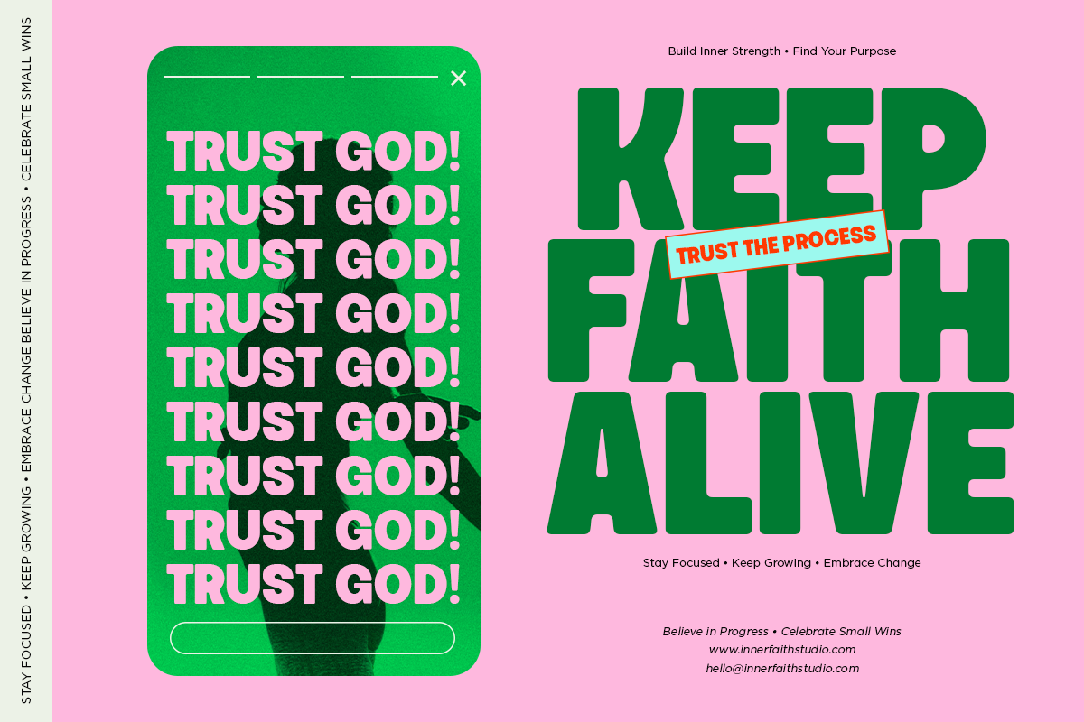 Bright green phone mockup with "Trust God" repeated on screen, pink background with motivational poster