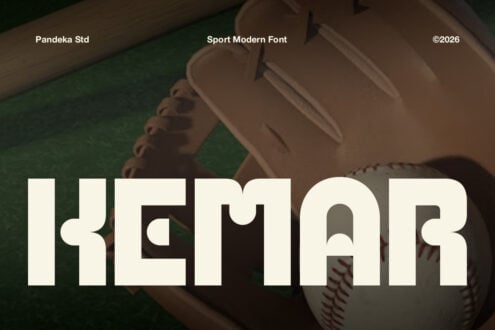 Sport Modern Font displayed over baseball glove on green field background