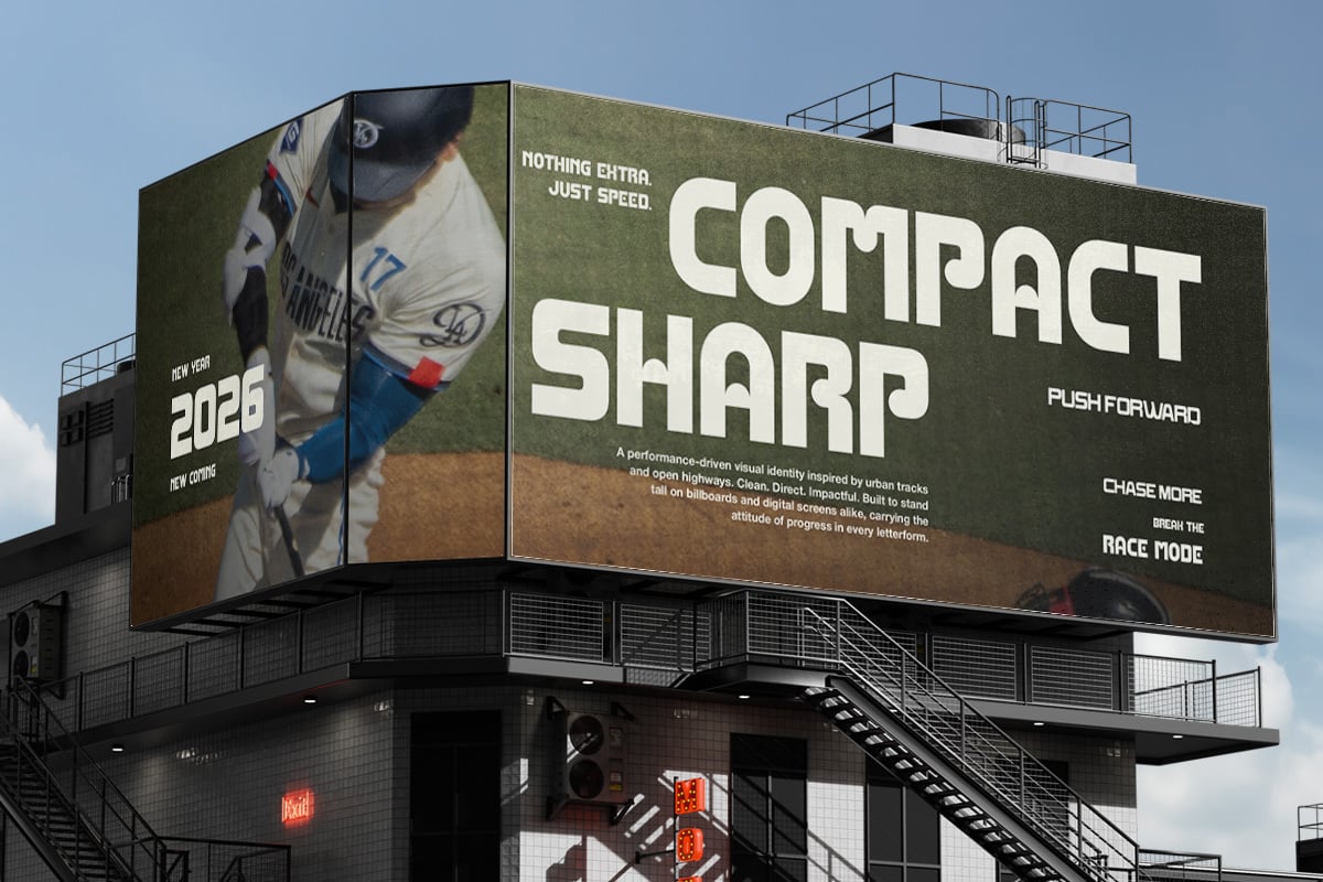 Large billboard mockup showing sports brand campaign with athlete imagery, olive green background, bold white typography, digital screen display