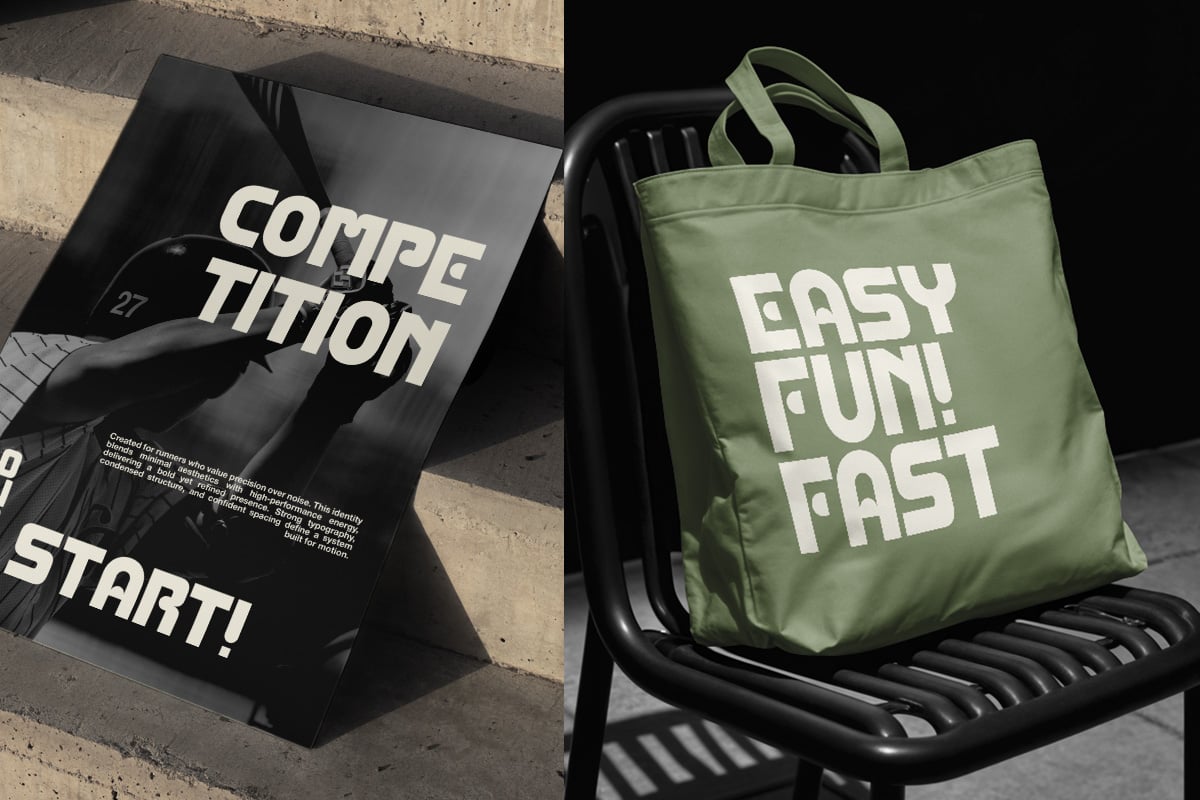 Two tote bag mockups showing bold typography on black canvas pouch with magazine layout, sage green bag with minimal text on chair