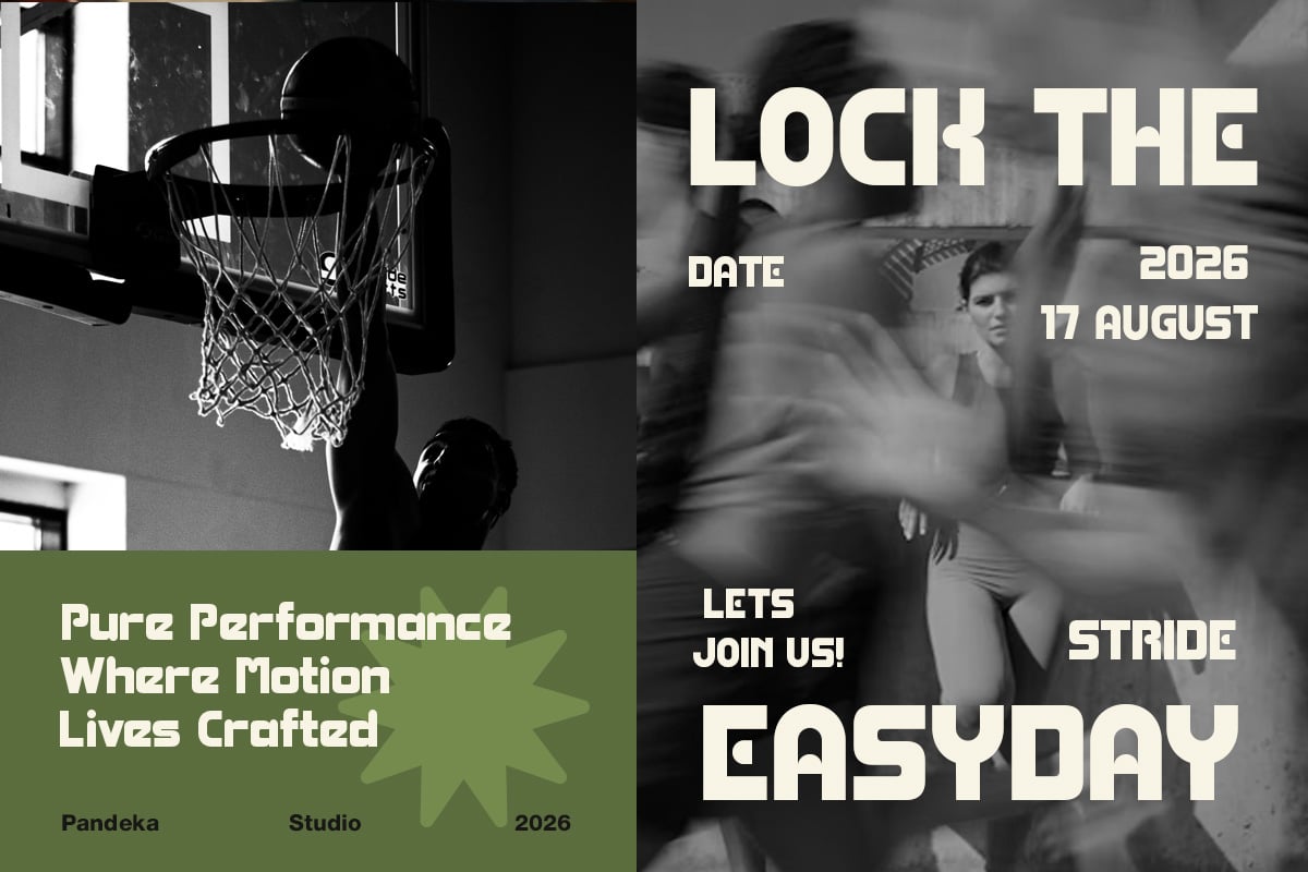 Basketball event poster mockup with black white photos, bold typography, green accent panel, date details