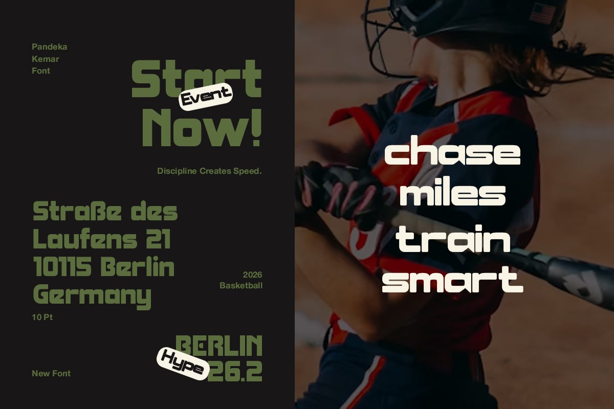 Bold geometric font mockup overlaid on athlete in motion wearing red blue sneakers