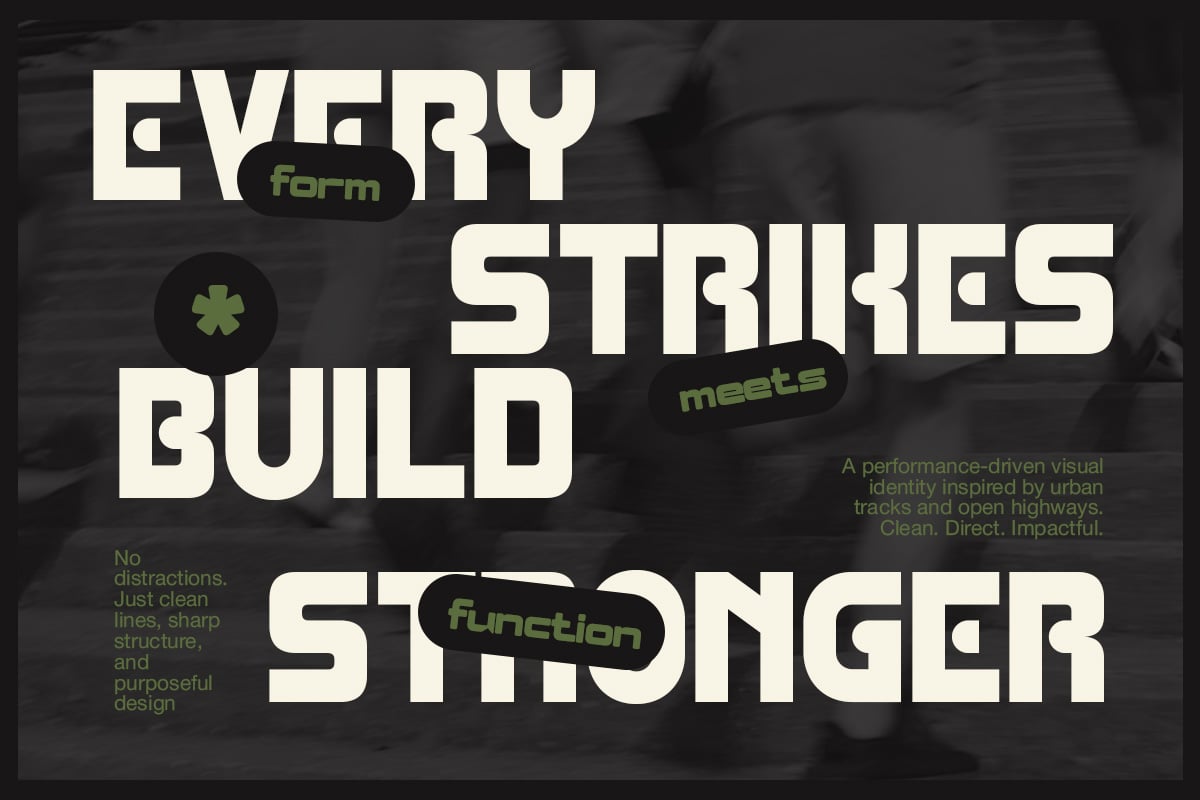 Bold sans serif font with cream letters on dark background, geometric cutouts, olive green accents scattered throughout