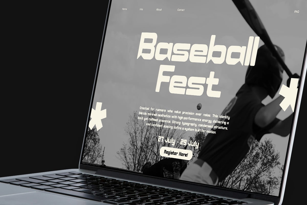 Laptop mockup showing Baseball Fest event website with bold cream typography over moody gray background