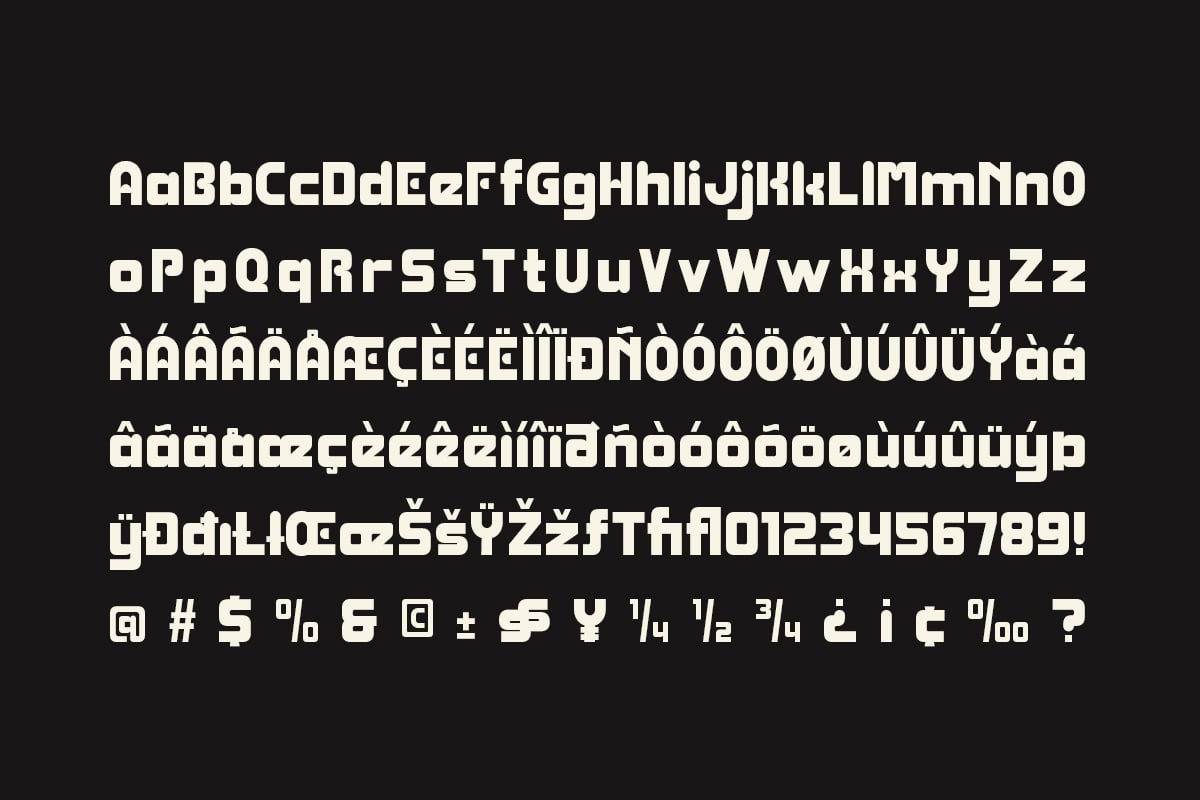 Bold sans serif font with full character set including accents, symbols, numbers on black background