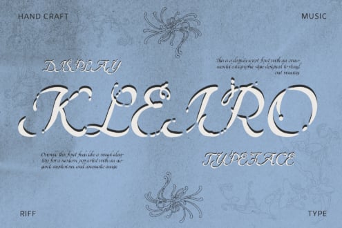Kelle Pro display font with ornate calligraphy swirls on textured blue background
