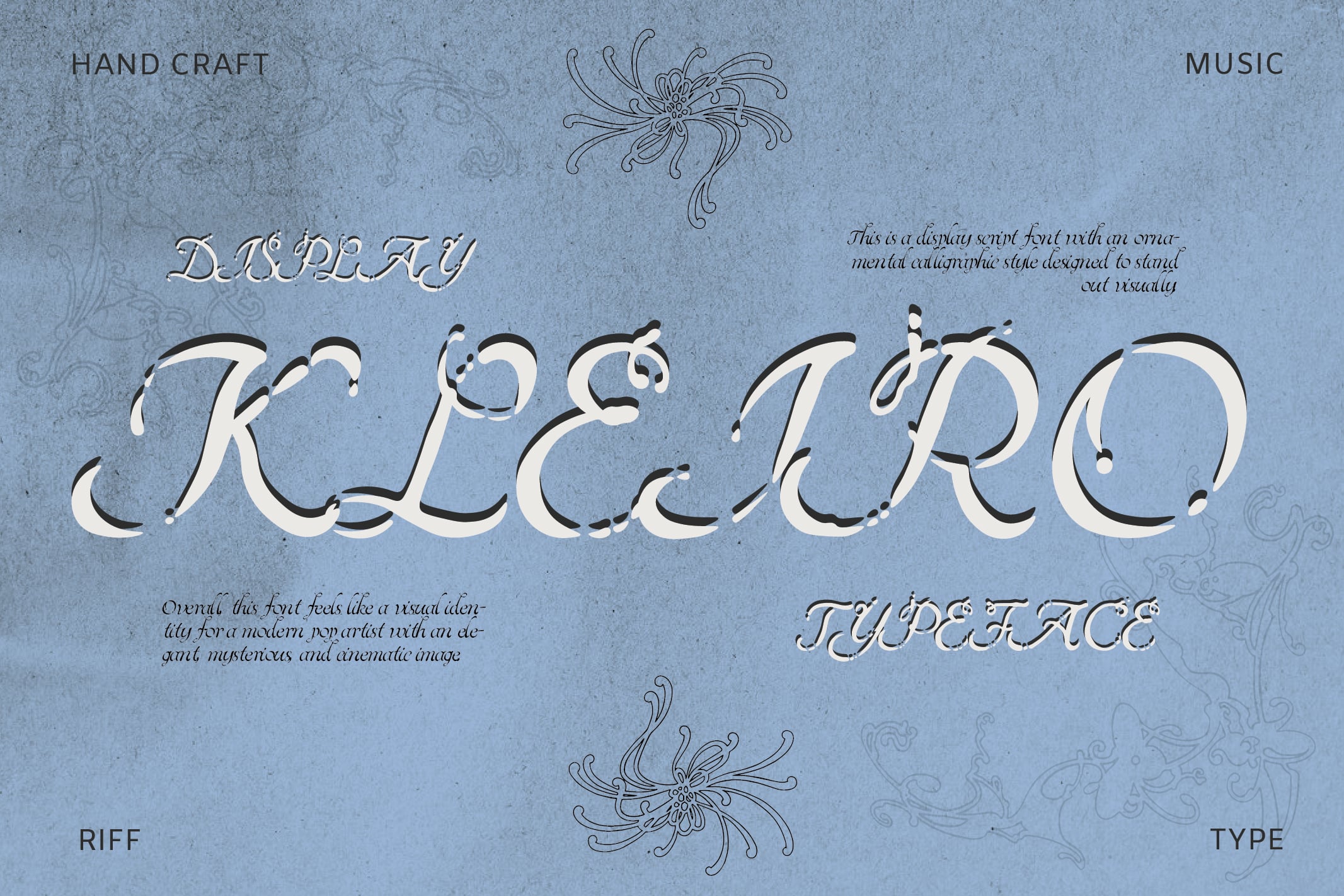 Kelle Pro display font with ornate calligraphy swirls on textured blue background