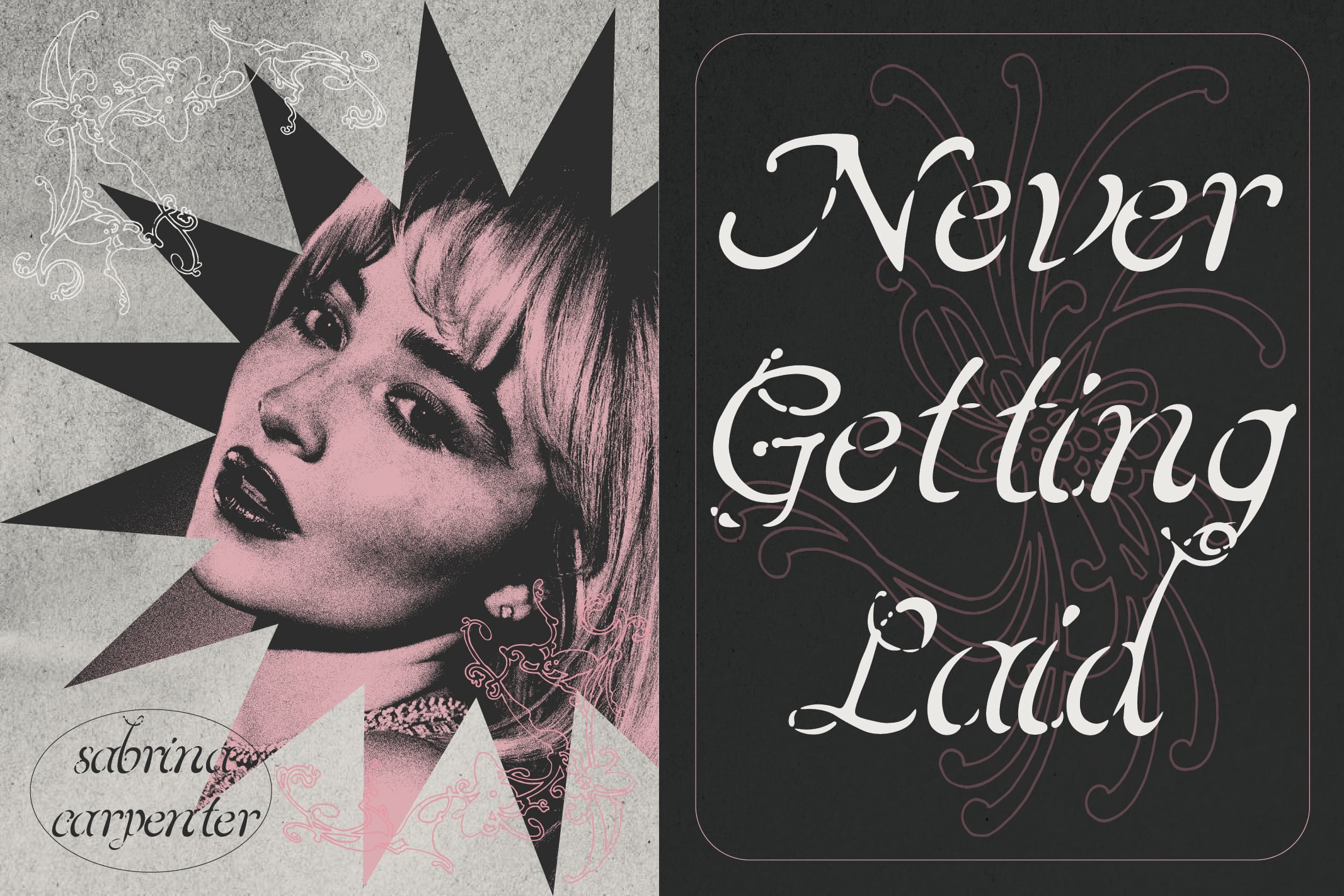 Edgy pop art portrait with spiky crown next to ornate serif font mockup displaying "Never Getting Laid"