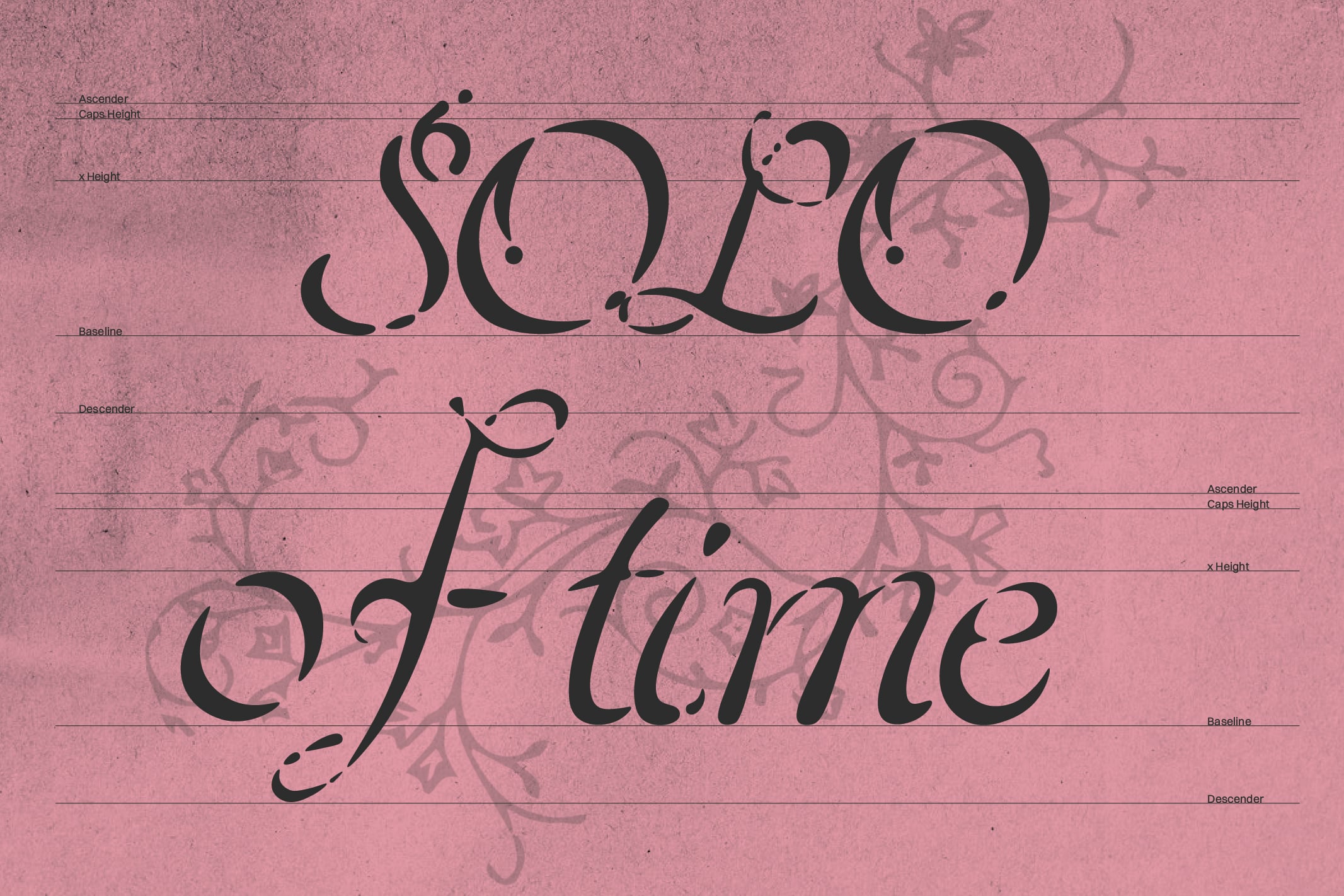Ornate serif font specimen sheet showing typography metrics on dusty pink background