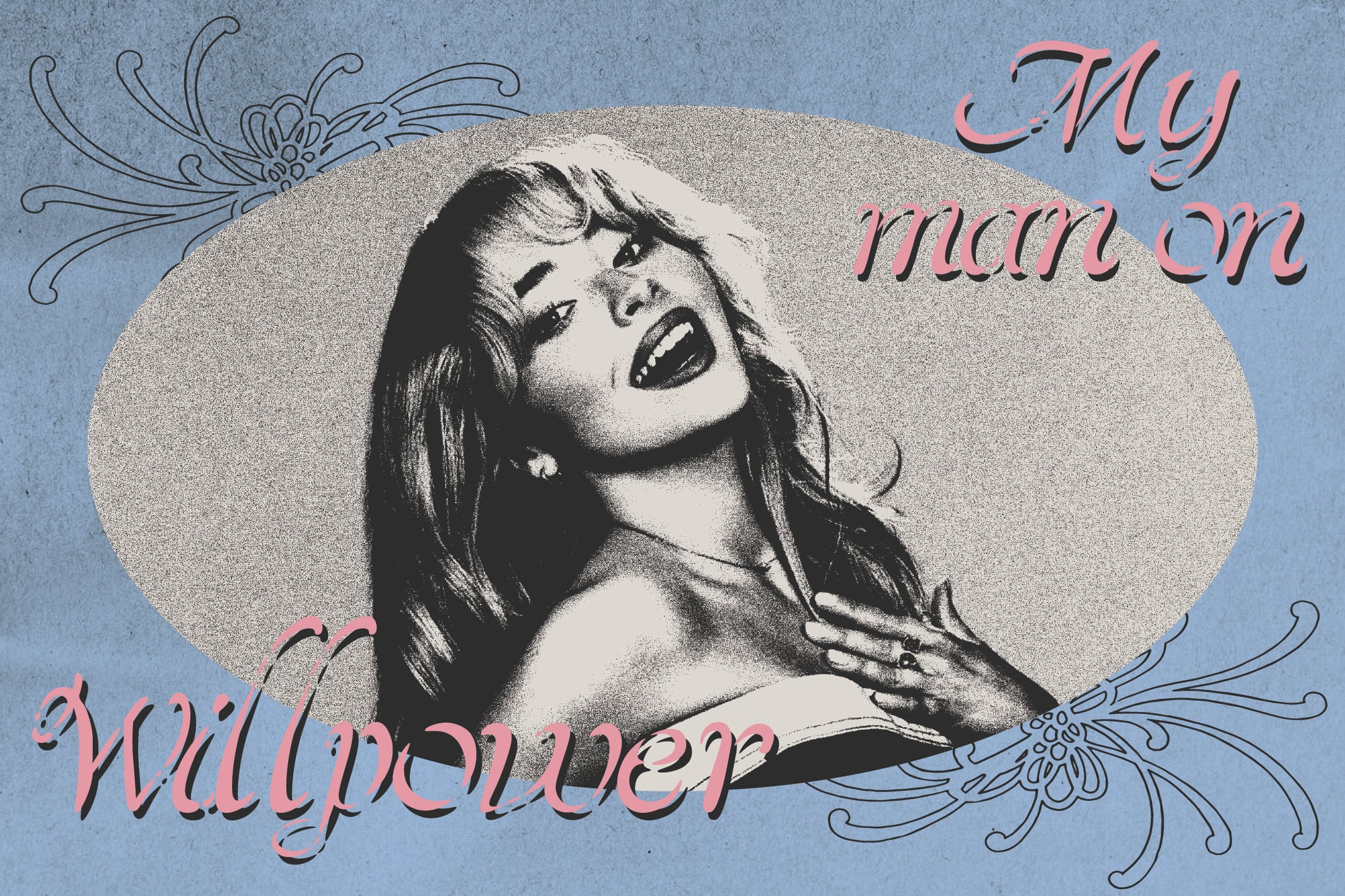 Retro poster design with laughing woman, pink script text, line art florals on blue background