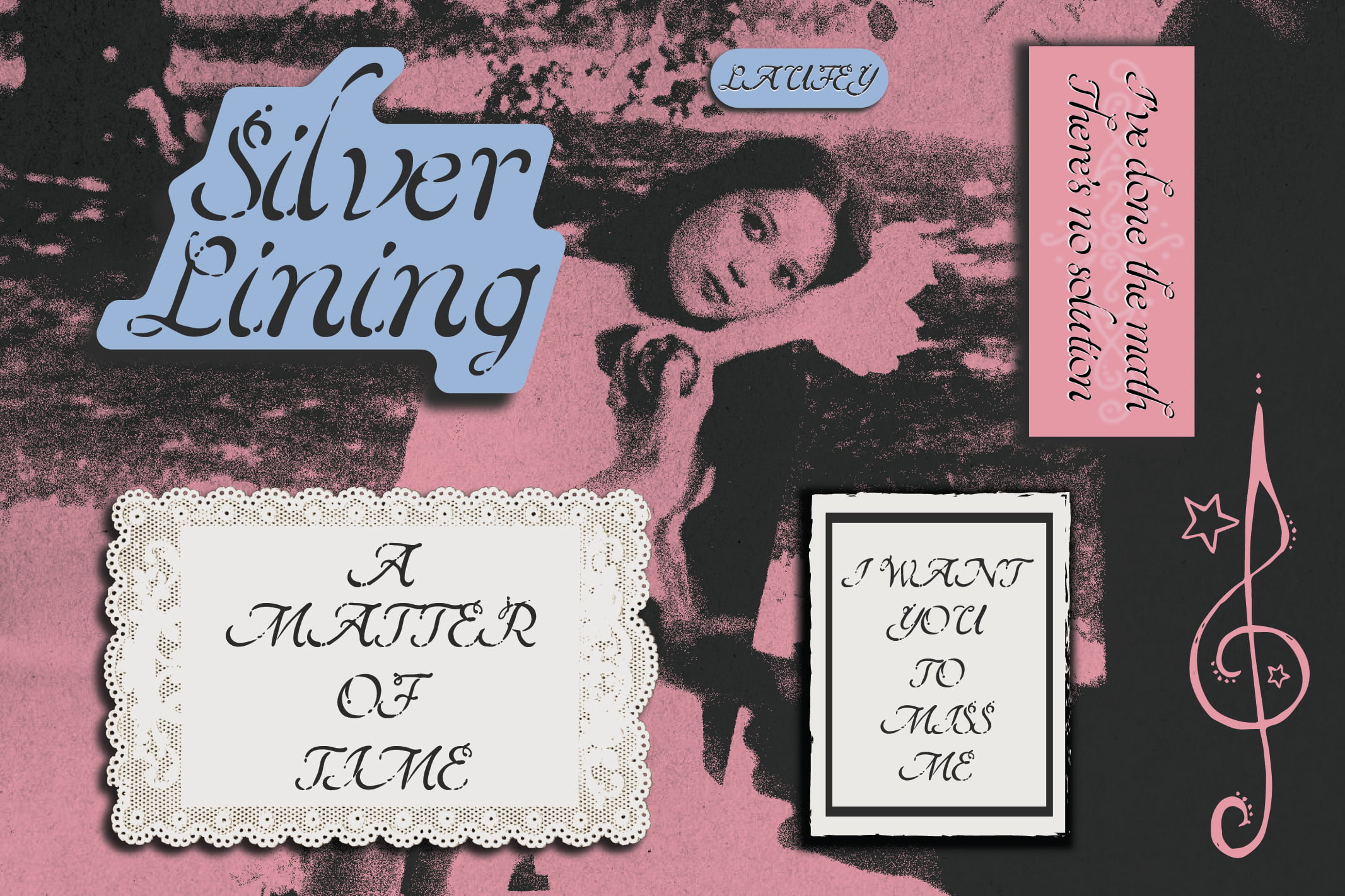 Retro Y2K collage with vintage photo, italic typography, lace frames, pink black grunge texture