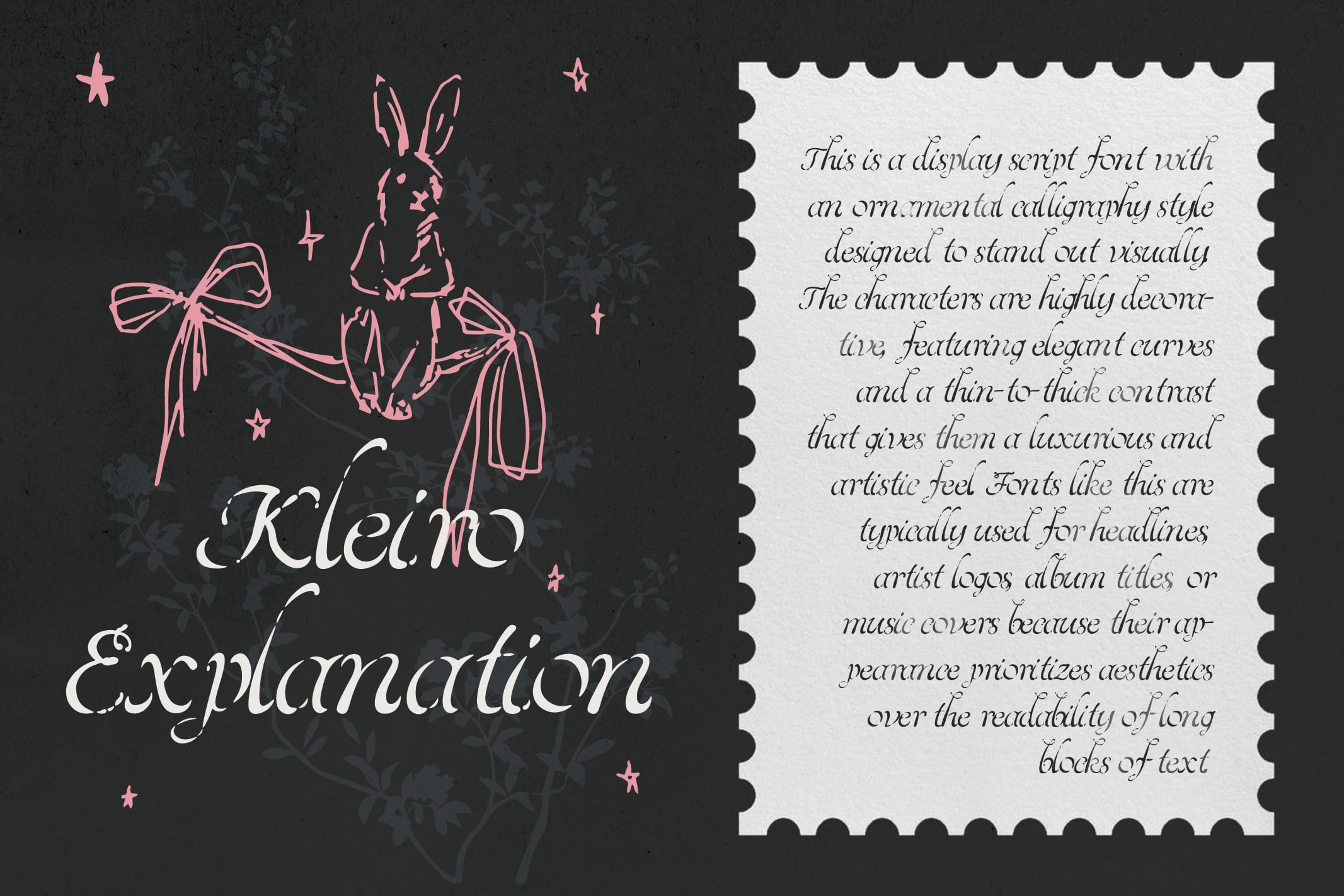 Kleino Explaination display script font with pink bunny illustration on dark background
