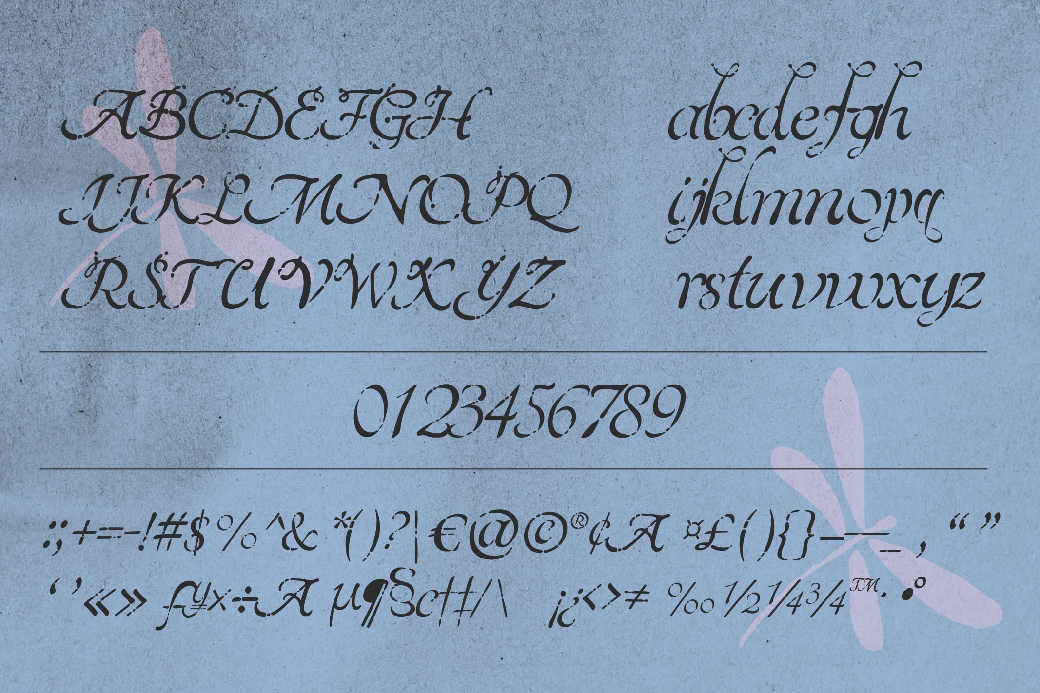 Ornate serif font with uppercase, lowercase, numbers plus symbols on textured blue background