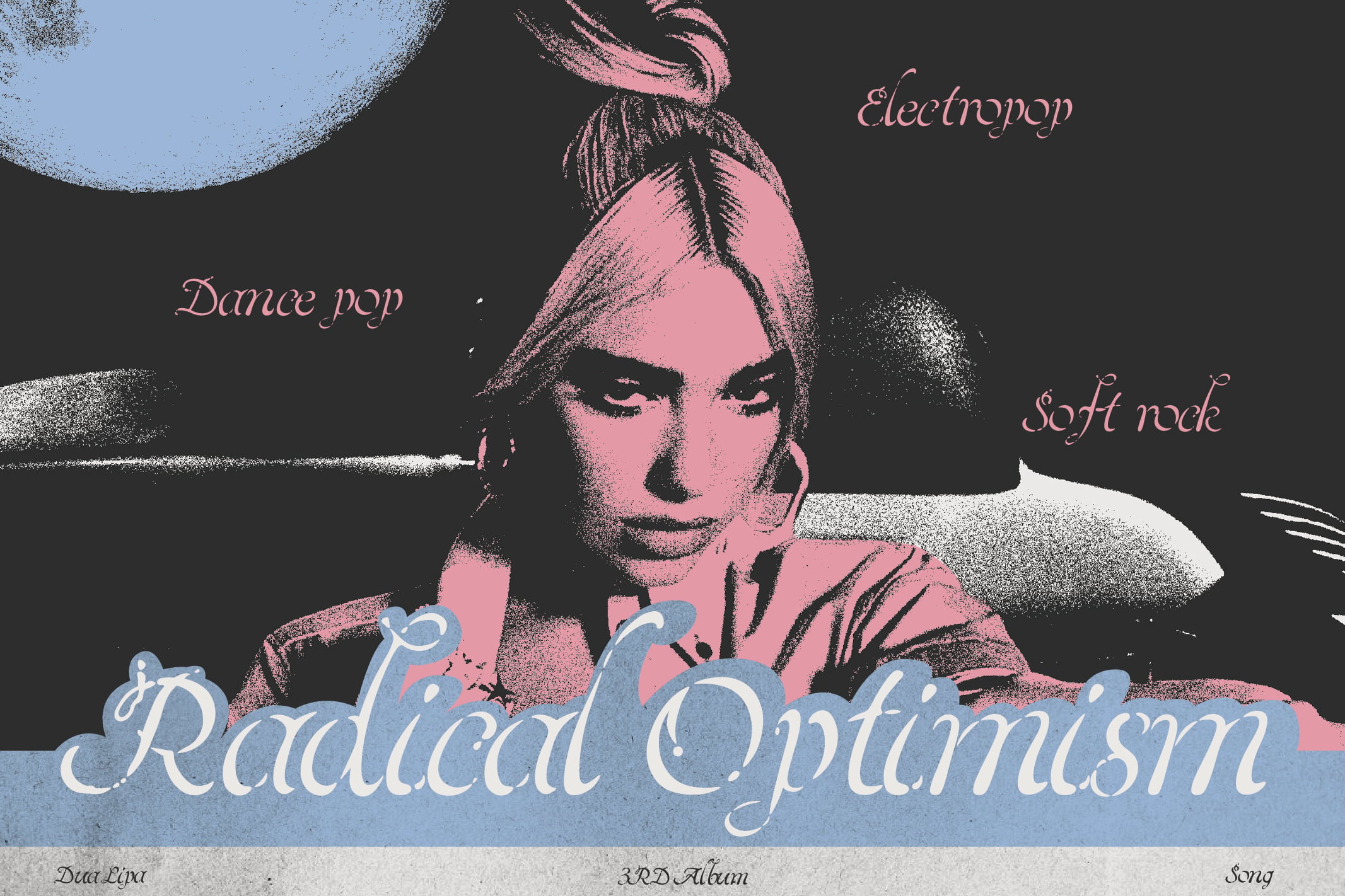 Vintage-style album cover mockup with pink portrait, music genre labels, retro grain texture throughout dark background
