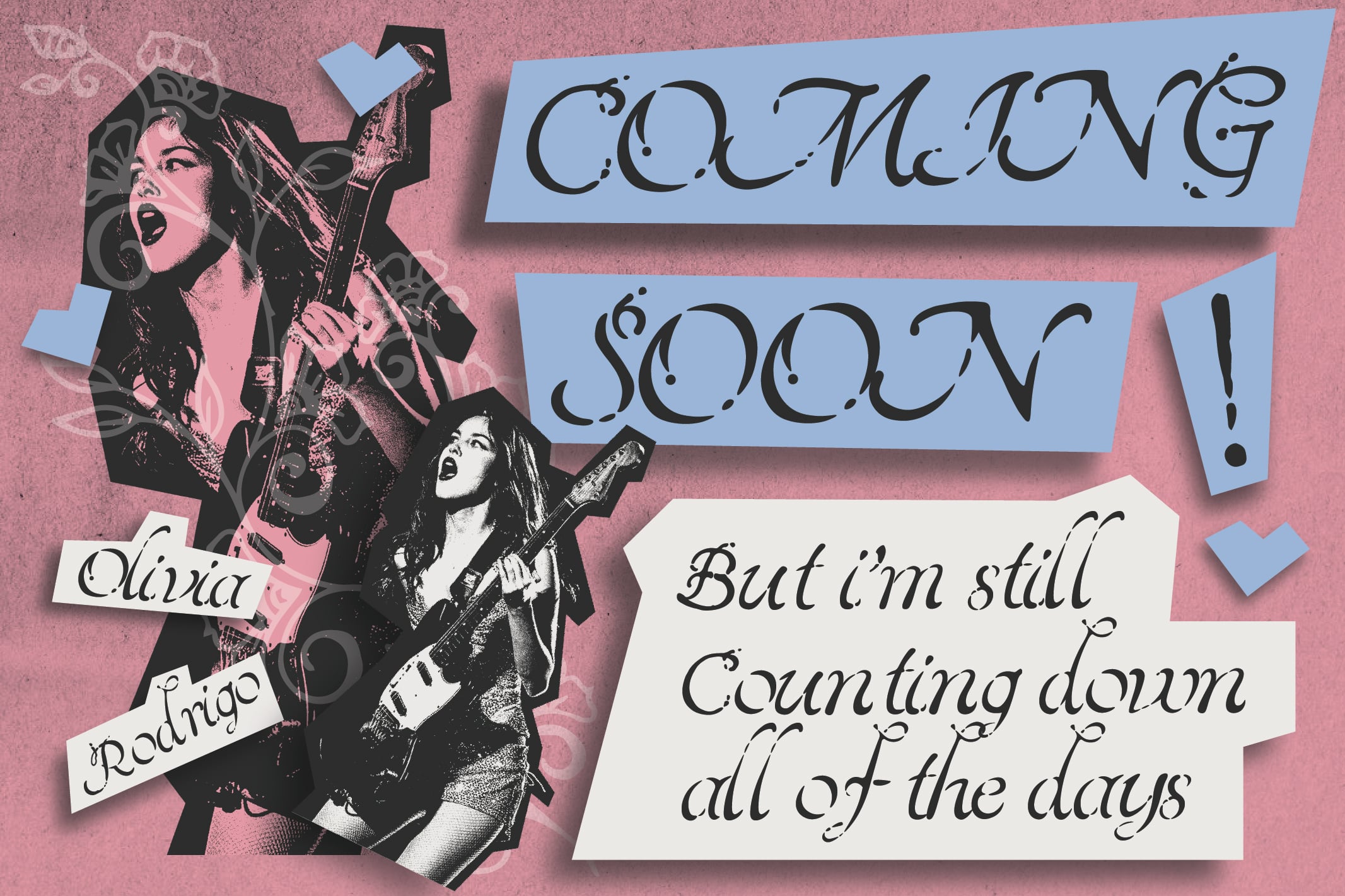 Coming Soon poster with vintage band photography, blue paper strips, script typography, pink textured background