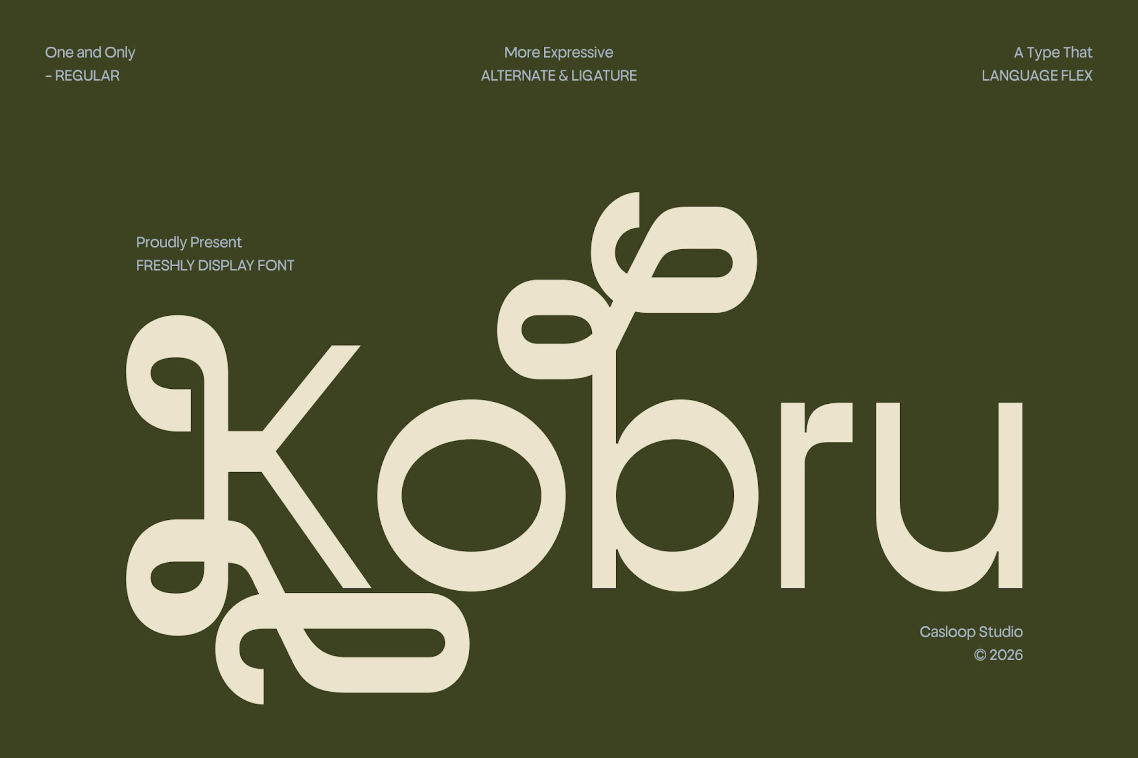 Freshly display font with cream letterforms on olive green background showing alternate ligatures