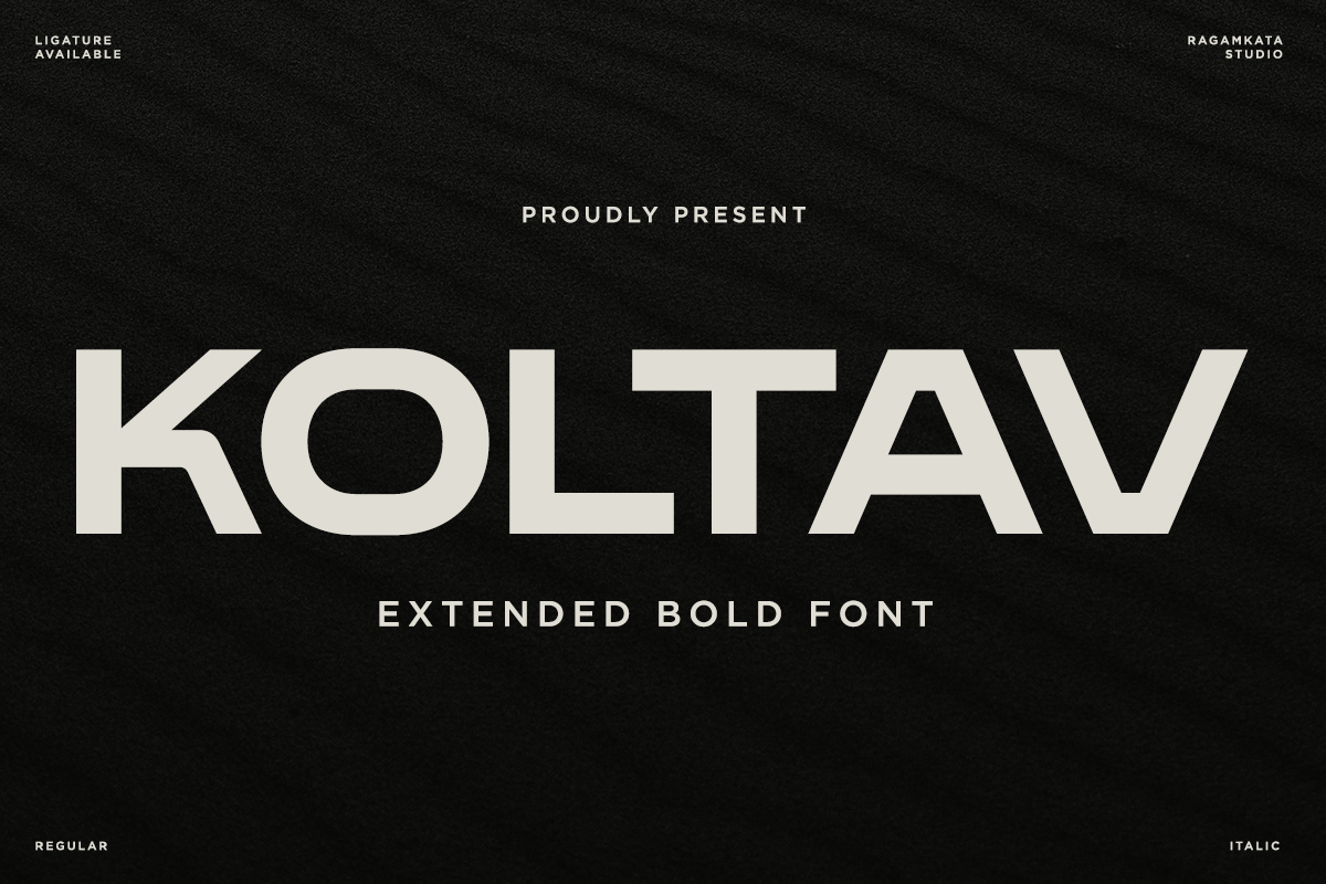Koltav extended bold font in cream on black background with Ragamkata Studio branding