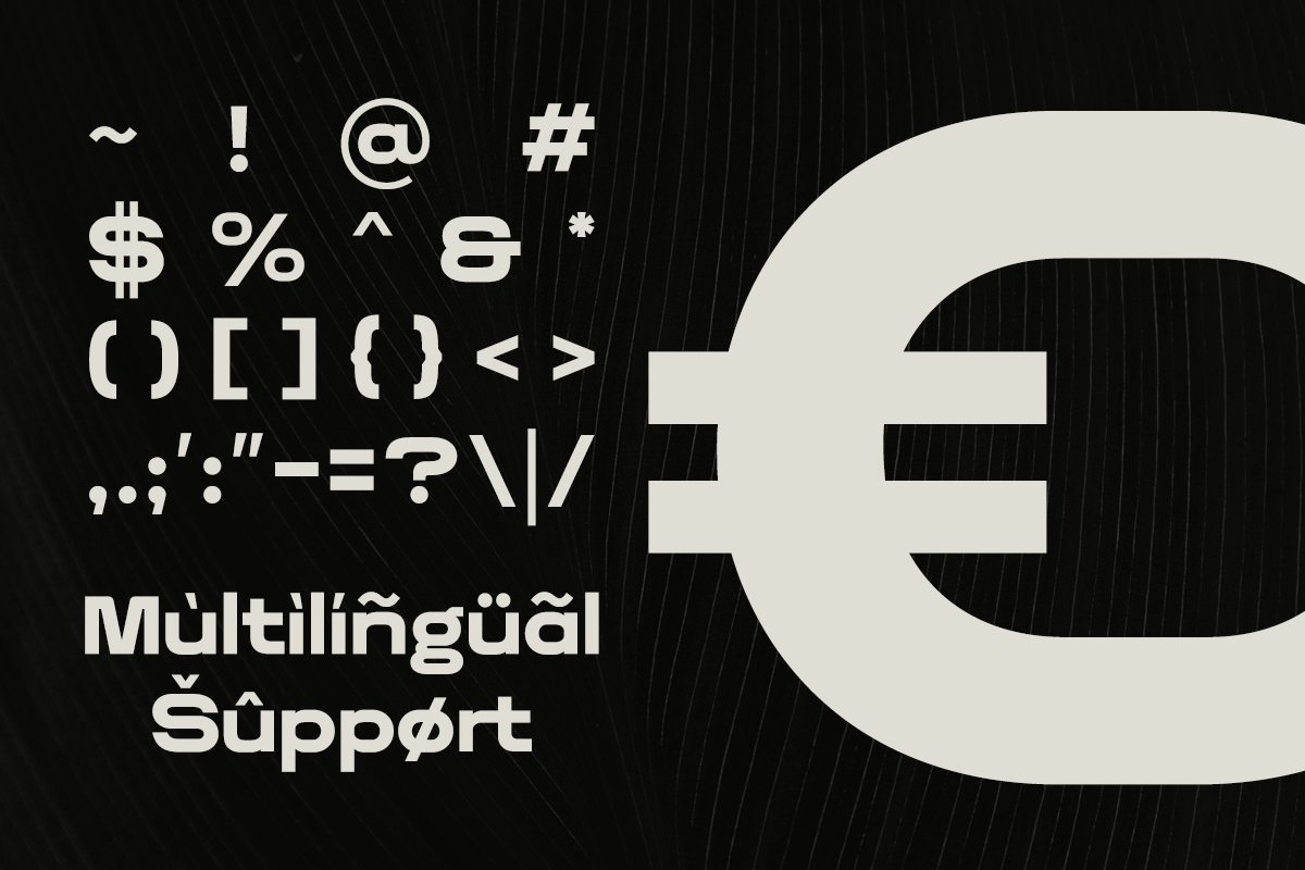 Modern typeface specimen showing multilingual characters, special symbols, diacritical marks on dark striped background with large letter E