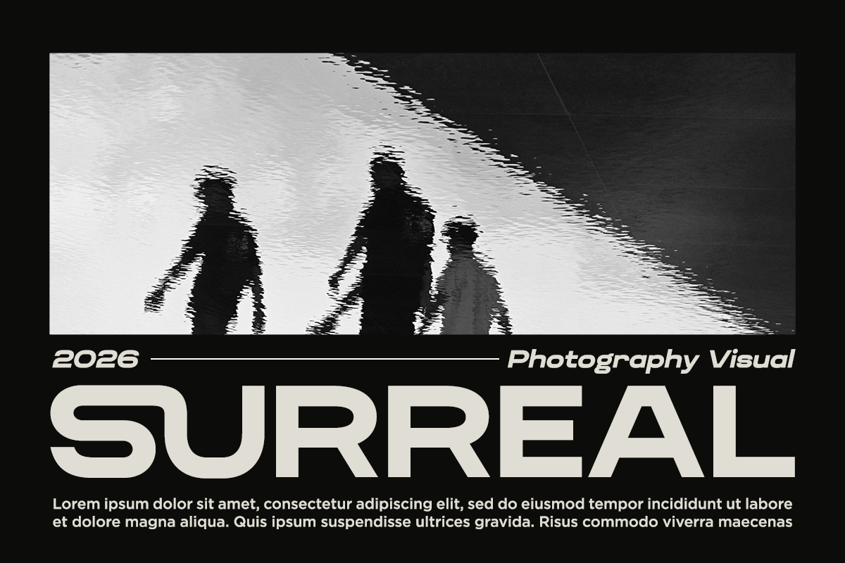 Grainy black-and-white photo of three figures walking with glitchy distortion effect, 2026 branding, surreal photography visual mockup