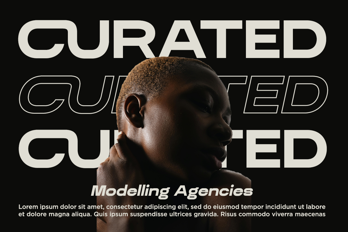 Bold typographic layout with profile shot of man against black background with repeated text overlay
